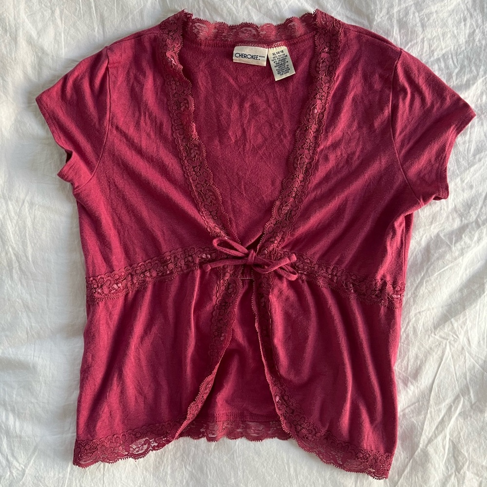 Cherokee pink tie cardigan top with lace trim